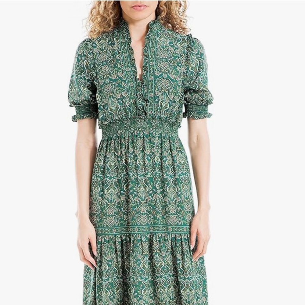 Max Studio Women's Elbow Length Sleeve Print Tiered Maxi Dress